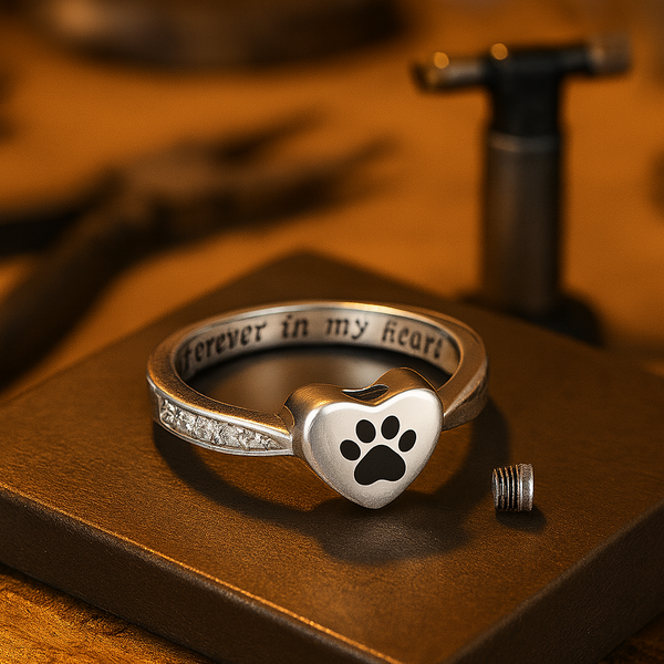 Love Heart Paw Print Urn Ring | Pet Memorial Cremation Jewelry