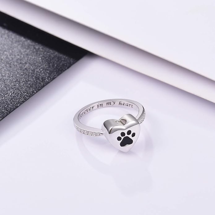 Love Heart Paw Print Urn Ring | Pet Memorial Cremation Jewelry