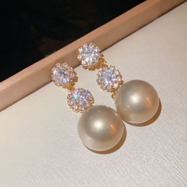 Dangling Zirconia Gold Pearl Earrings