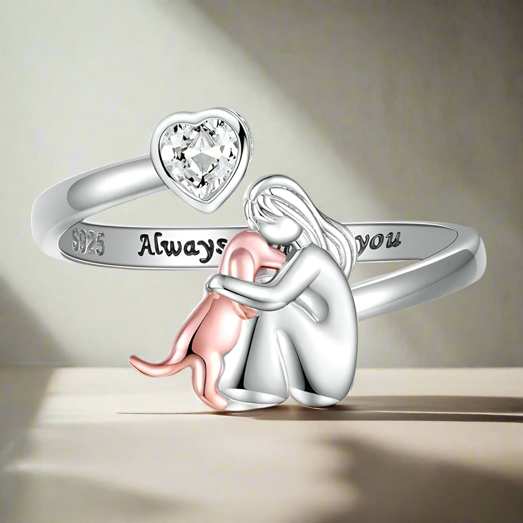 Adjustable Dog Ring in 925 Sterling Silver | “Always in My Heart” with Zirconia