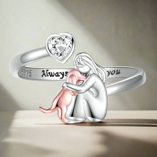 Adjustable Dog Ring in 925 Sterling Silver | “Always in My Heart” with Zirconia